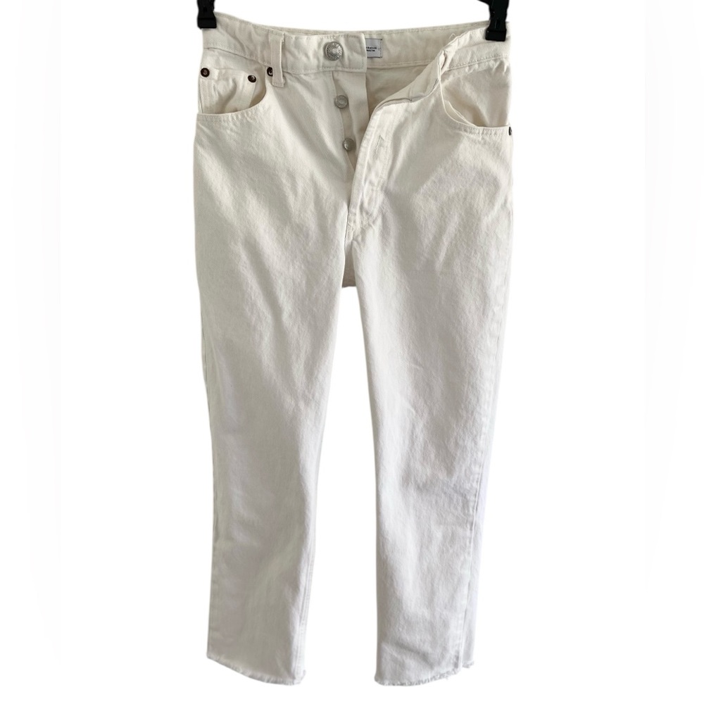 Zara White Button-Fly straight leg ankle jeans with raw hem